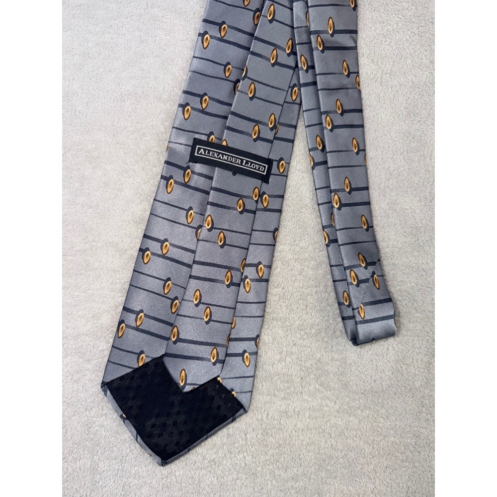 Alexander Lloyd Mens Silk Tie XL Silver Navy Blue Gold Geometric‎ Striped USA - Picture 2 of 4